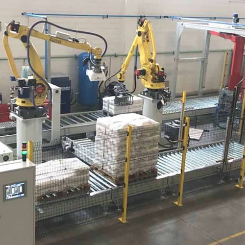 A single or multi-robot solution developed for the logistic area used for picking or re-palletization of products in bags.